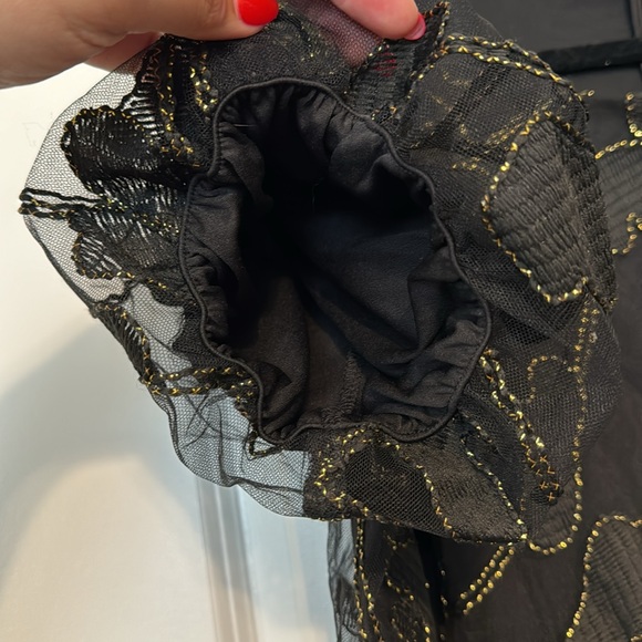 DKNY Women's Floral-Embellished Puff-Sleeve Dress Black/Gold Size 16 - Picture 9 of 10